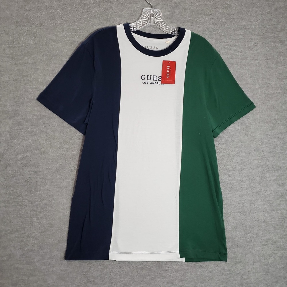 Guess Men Shirt Large Green Colorblock Logo Embroidered Short‎ Sleeve NWT - Picture 1 of 11